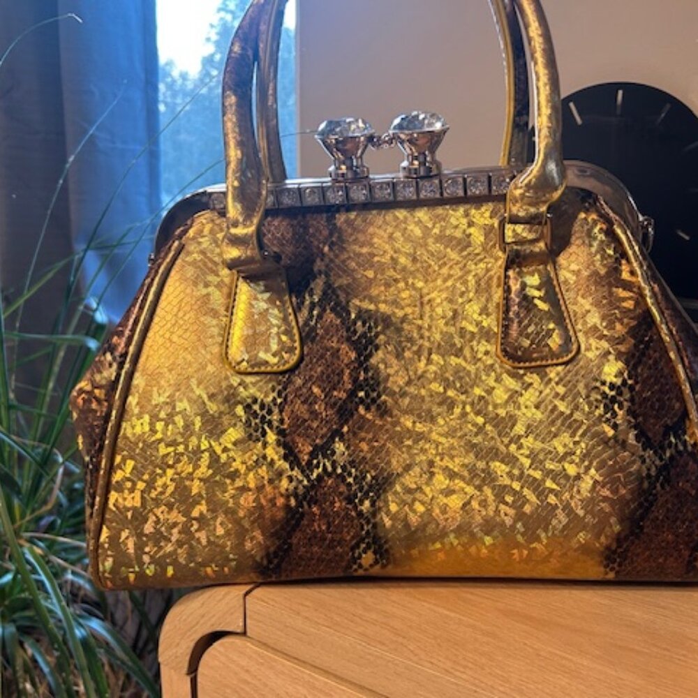 Gold Sparkle Snakeskin Snap Closure Handbag